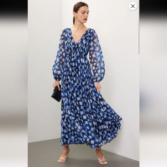 Monique Lhuillier Melanie Blue Floral Maxi Dress Size 10 - Picture 1 of 6
